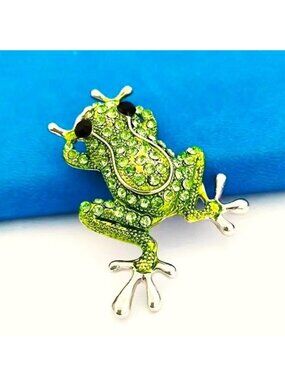 Frog Brooch Crystal Rhinestones Stylish Sparkle Glam Green Toad Whimsical Trendy